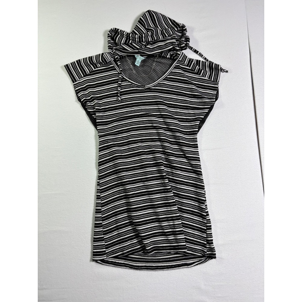 Balance Cover-Up Collection Womens Medium Black White Striped Hooded Mesh Dress